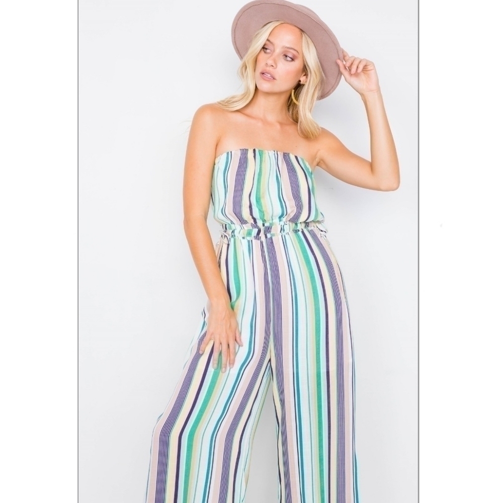 Anthropologie Le Lis Green Blue Striped Strapless Wide Leg Jumpsuit Pantsuit